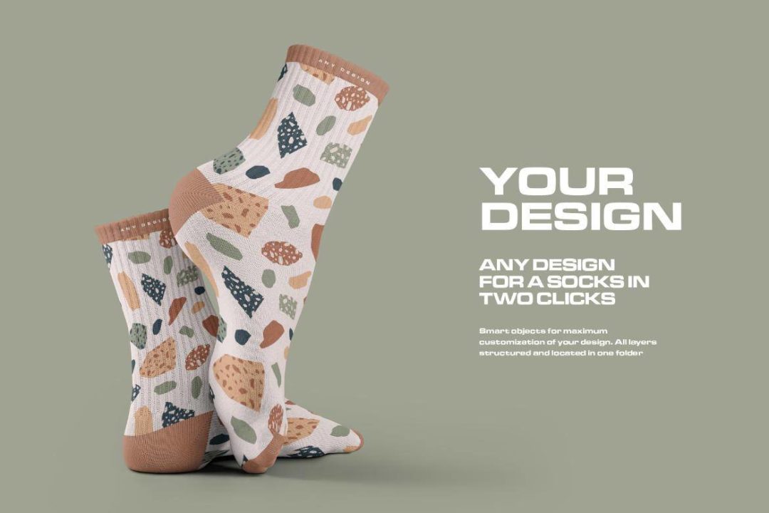 7款时尚中筒袜子印花图案设计展示效果图PSD样机模板素材 7 Mockups Medium Socks in the 3D Style , 第4张