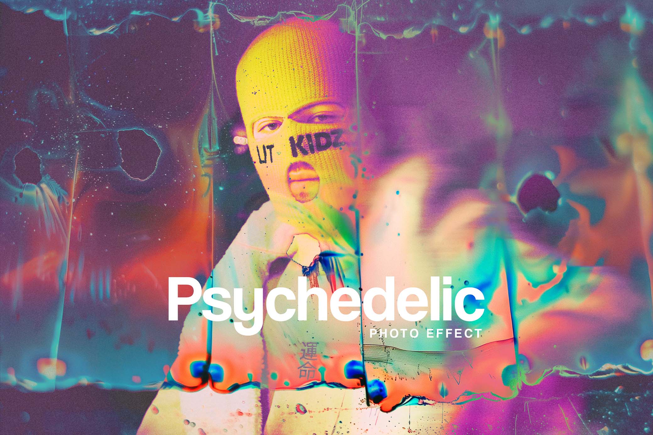 2款复古酸性迷幻Y2K塑料流体叠加图片后期PSD特效样机Psychedelic Film Photo Effect 插件预设 第1张