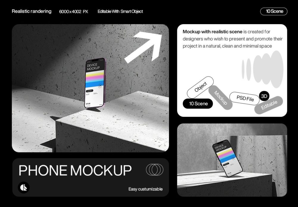 10款高级黑化风app ui界面设计苹果iPhone 14展示效果图ps贴图样机模板 Realistic Smartphone Mockup , 第1张