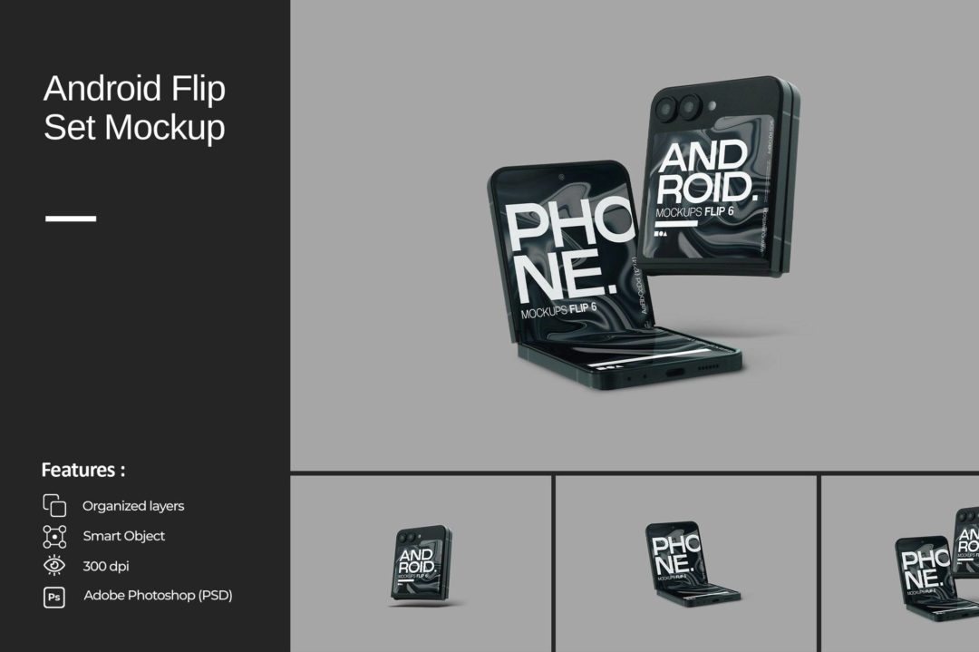 真实安卓折叠Android安卓手机演示效果图PS贴图样机模板素材 Android Flip Set Mockup , 第1张