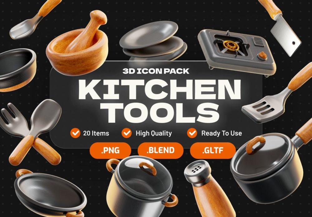 16款专业厨房烹饪刀具工具3D插图图标Icons设计Blender/PNG格式设计素材 Kitchen Tools 3D Icon , 第1张