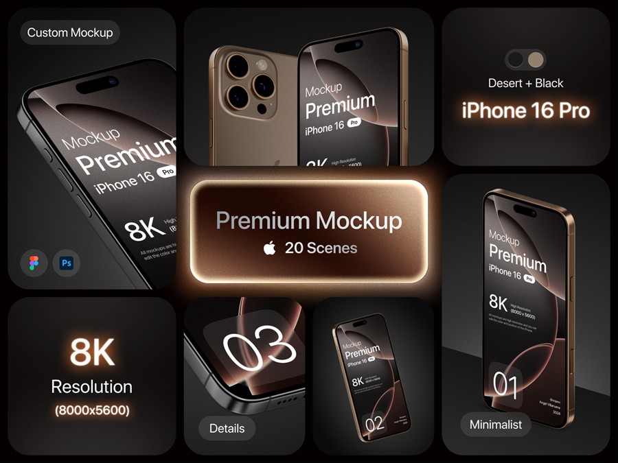 40款高级全新苹果iPhone 16 Pro手机APP UI设计效果图Ps展示样机模板 Premium iPhone 16 Pro Mockup , 第1张