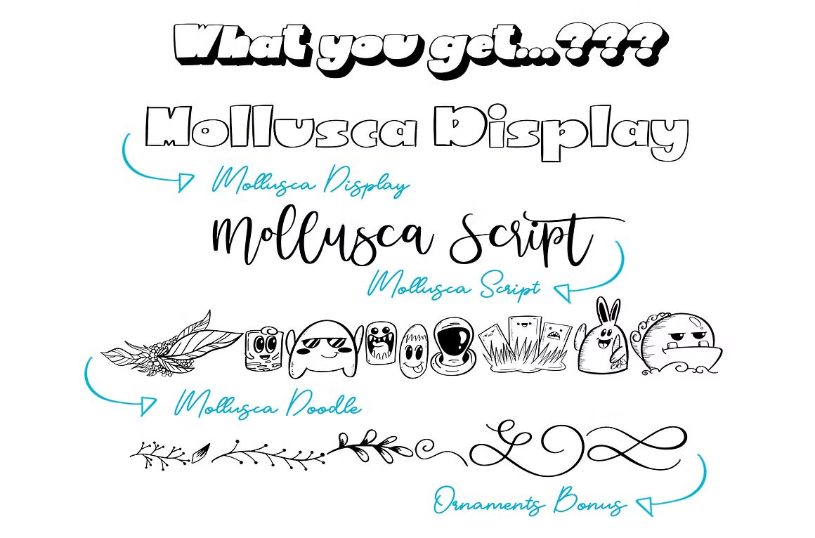 Mollusca Font Trio | Dingbats Doodle 复古漫画卡通设计/可爱壁纸/书籍封面/涂鸦字体 , 第3张