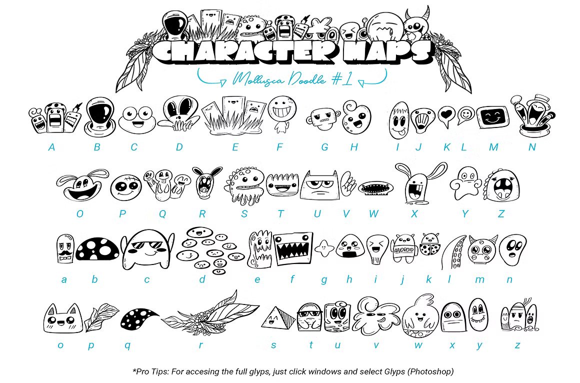 Mollusca Font Trio | Dingbats Doodle 复古漫画卡通设计/可爱壁纸/书籍封面/涂鸦字体 , 第9张