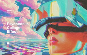 迷幻复古蒸汽波风格老式照片效果PS特效滤镜样机 Psychedelic Collage Photo Effect