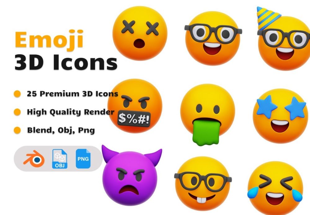 25款卡通趣味Emoji表情符号3D图标Icons设计Blender/PNG/OBJ格式素材 Emoji 3D Icons Set , 第1张