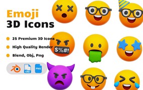 25款卡通趣味Emoji表情符号3D图标Icons设计Blender/PNG/OBJ格式素材 Emoji 3D Icons Set