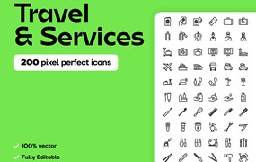 200款旅行渡假服务矢量线稿APP网站图标Icons设计AI/EPS/PNG格式素材 Travel & Services