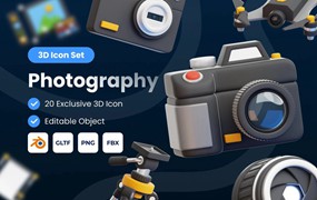 20款质感摄影拍摄相机设备3D立体图标Icons设计Blender/FBX/PNG格式素材 Photography 3D Icon Set