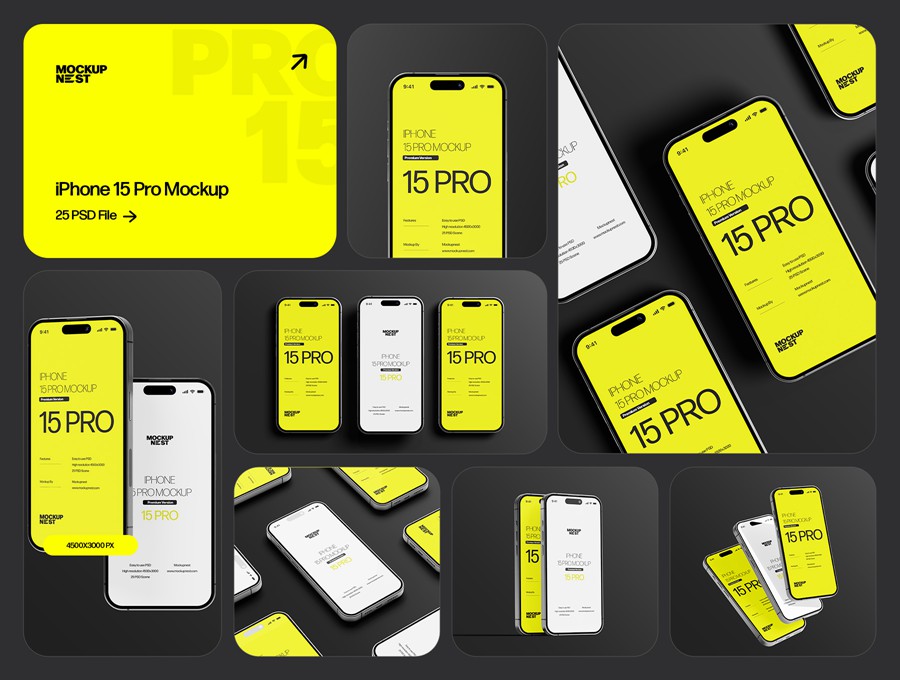 25款时尚简约app ui界面设计苹果iPhone15 Pro展示效果图Ps贴图样机模板 iPhone 15 Pro Mockup Set , 第1张