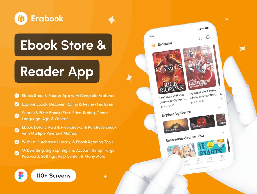 110+屏高级电子书商店阅读器APP应用程序UI界面设计Figma模板套件 Erabook – Ebook Store & Reader App UI Kit , 第1张