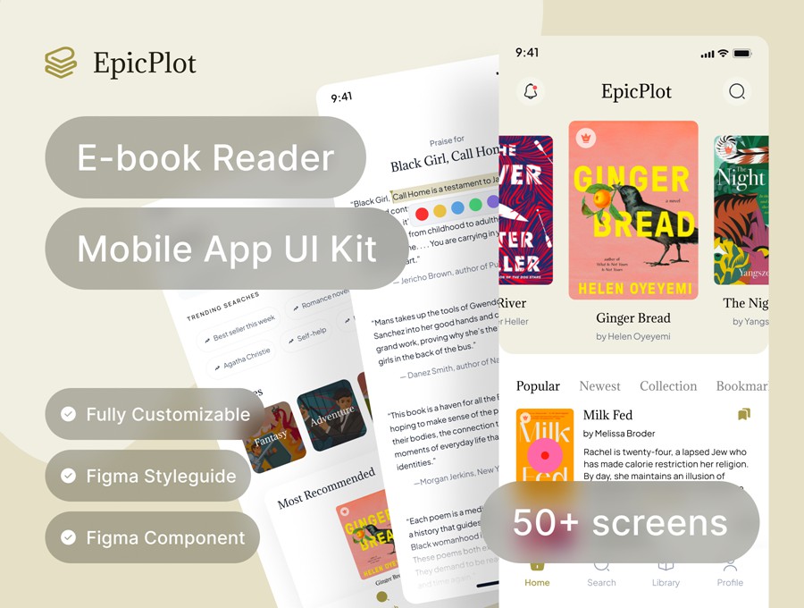 50+屏电子书小说阅读器书店APP软件UI界面设计Figma模板素材 Epicplot – Ebook and Novel Reader UI Kit Template , 第1张