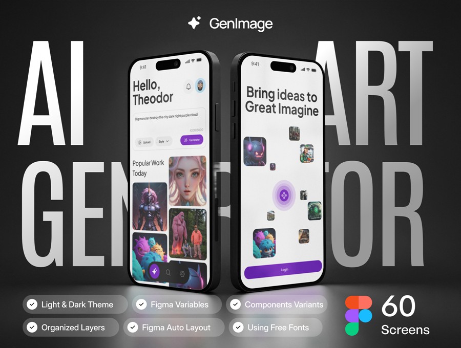 60+屏Ai智能艺术图片图像生成器APP UI界面设计Figma模板套件素材 GenImage – AI Art Generator UI KIT , 第1张