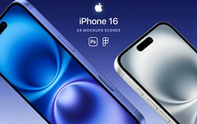 24款苹果iPhone 16手机UI界面设计展示效果图PS贴图样机模板素材 iPhone 16 – 24 Mockups Scenes