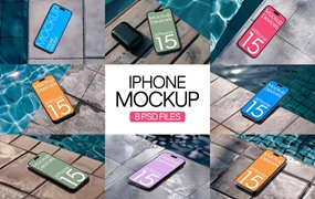 8款泳池背景苹果iPhone 15手机UI广告设计PS贴图样机模板素材 iPhone Mock-Up in Luxurious Poolside