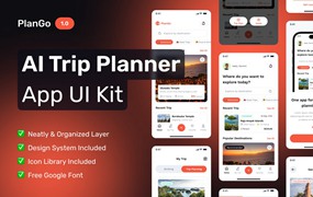 65+屏双配色AI智能旅行旅游路线规划景点航班旅馆预订APP UI界面设计Figma模板套件 PlanGo – AI Trip Planner Mobile App UI Kit