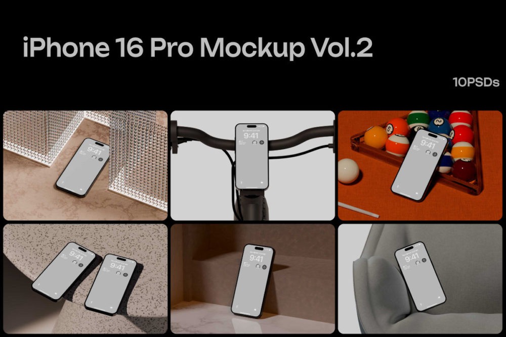 10款高级苹果iPhone 16 Pro手机UI界面设计展示效果图PS贴图样机模板 iPhone 16 Pro Mockup Vol.2 样机素材 第1张