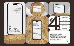 木桌背景UI设计苹果iPhone手机iPad平板MacBook电脑展示贴图PSD样机模板 Device On Wood Table Mockups