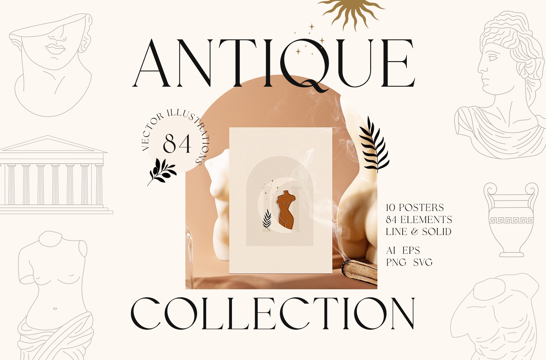 Antique collection 84个轮廓和立体插图以及10个墙壁艺术印刷品 雕像、手、拱门、树叶手绘插图 图片素材 第1张