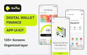 135+屏双配色金融科技财务管理理财电子钱包APP UI界面设计Figma模板套件 BrePay – Digital Wallet Finance App UI Kit