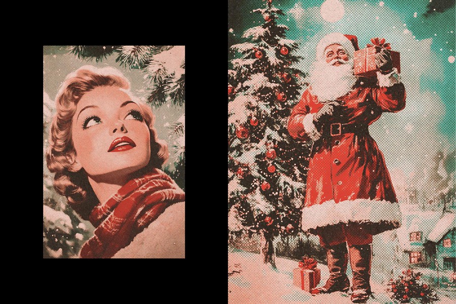 复古圣诞节主题半色调照片效果ps特效滤镜样机 Vintage Christmas Postcard Photo Effect , 第4张