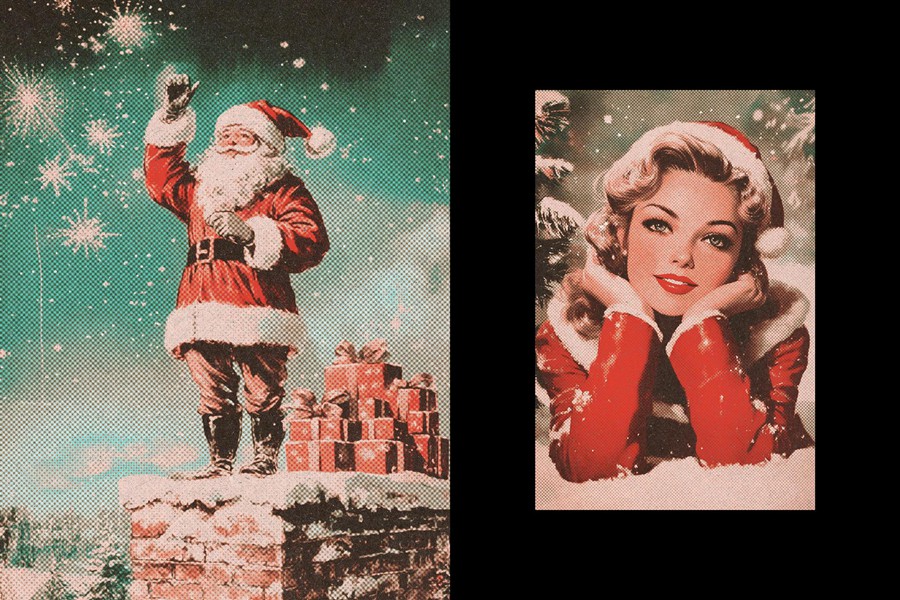 复古圣诞节主题半色调照片效果ps特效滤镜样机 Vintage Christmas Postcard Photo Effect , 第6张