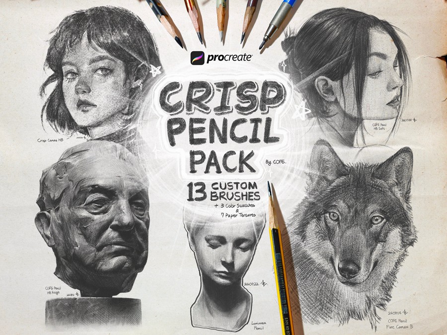 真实铅笔素描木炭笔线条绘画插画procreate笔刷画笔素材 CRISP Pencil Pack for Procreate , 第1张