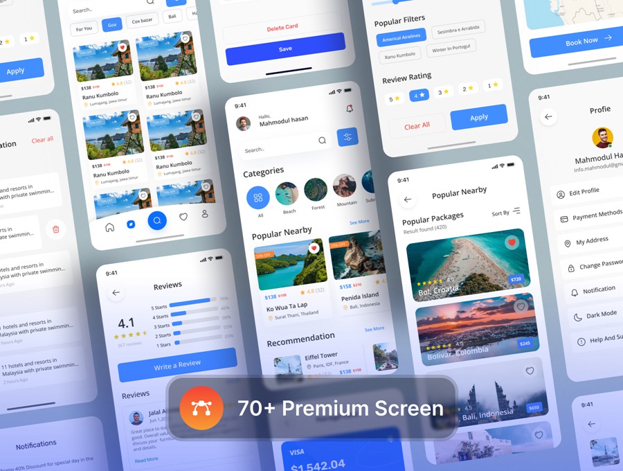 70+屏双配色旅行度假景点门票预订购买APP UI界面设计Figma模板套件 Premium Travel Mobile App UI kit , 第4张