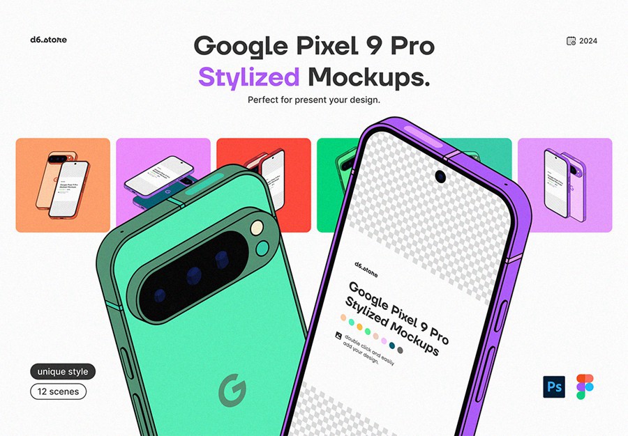 9款卡通风格化谷歌安卓Google Pixel 9 Pro手机UI广告设计展示贴图样机PS/Figma格式素材 Google Pixel 9 Pro Stylized Mockups , 第1张