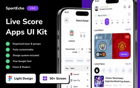 50+屏简约足球篮球体育赛事比赛直播APP UI界面设计Figma模板套件 SportEcho – Football Live Score Mobile App UI Kit