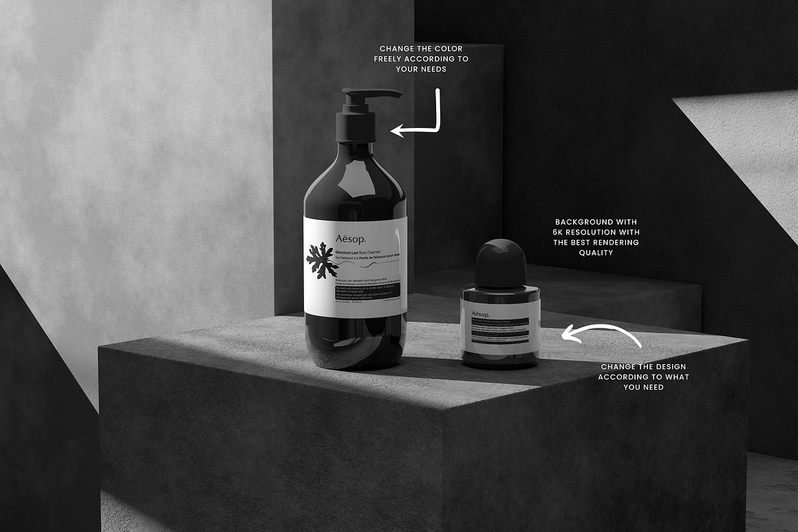 10款暗黑系混凝土背景化妆护肤品按压瓶包装瓶塑料瓶设计PS展示贴图样机模板素材 10 PSD Dark Cosmetic Bottle Mockup , 第2张