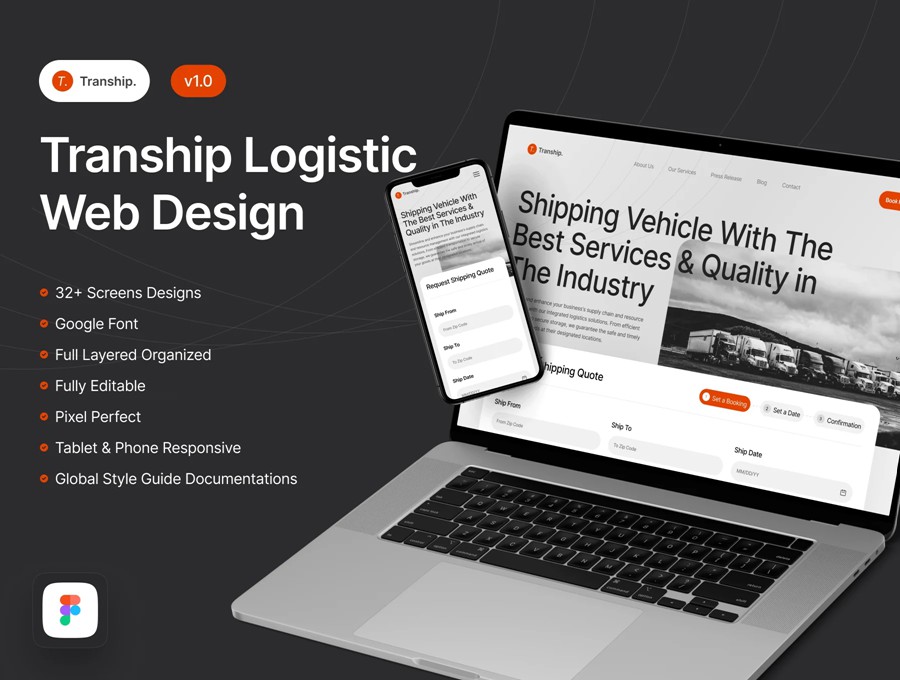 32+屏响应式物流快递送货运输网站界面WEB UI设计Figma模板素材 Tranship. Logistic Web Design , 第1张
