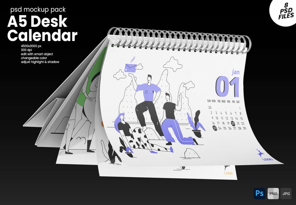 8款逼真A5横版台历日历个人作品集设计展示PS贴图样机MOCKUP模板素材 A5 Landscape Desk Calendar PSD Mockup Set , 第1张