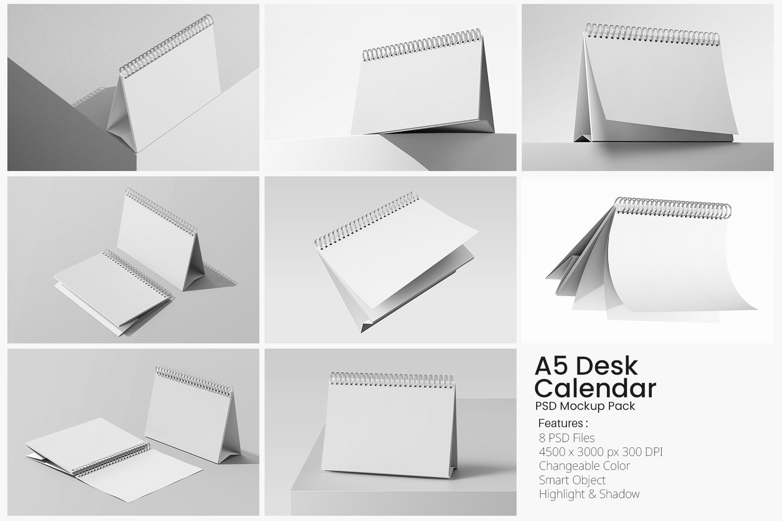 8款逼真A5横版台历日历个人作品集设计展示PS贴图样机MOCKUP模板素材 A5 Landscape Desk Calendar PSD Mockup Set , 第2张