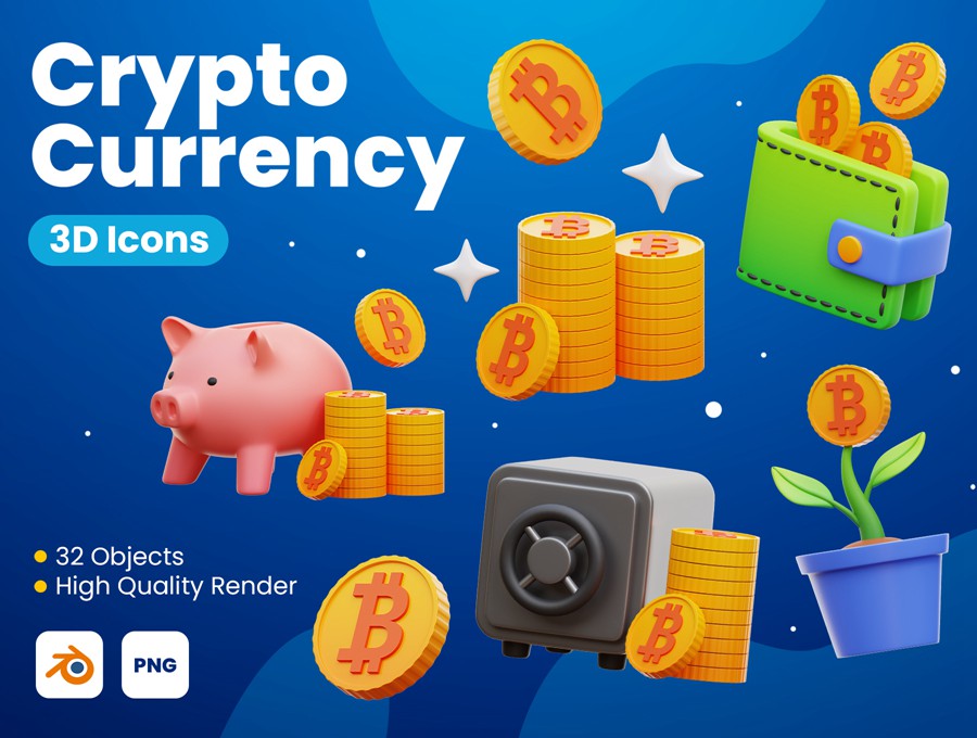 32款高级加密货币比特币金融理财3D图标Icons设计Blender/PNG格式素材 Cryptocurrency 3D Icons , 第1张