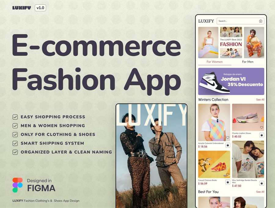 28+屏高级服装鞋子在线购买电子商城APP UI界面设计Figma模板套件素材 LUXIFY- Ecommerce Fashion App , 第1张
