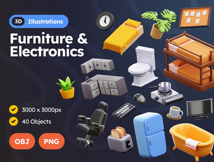 40款创意家具家用电器3D插图UI界面图标Icons设计Blender/PNG格式素材 Furniture and Electronics , 第1张