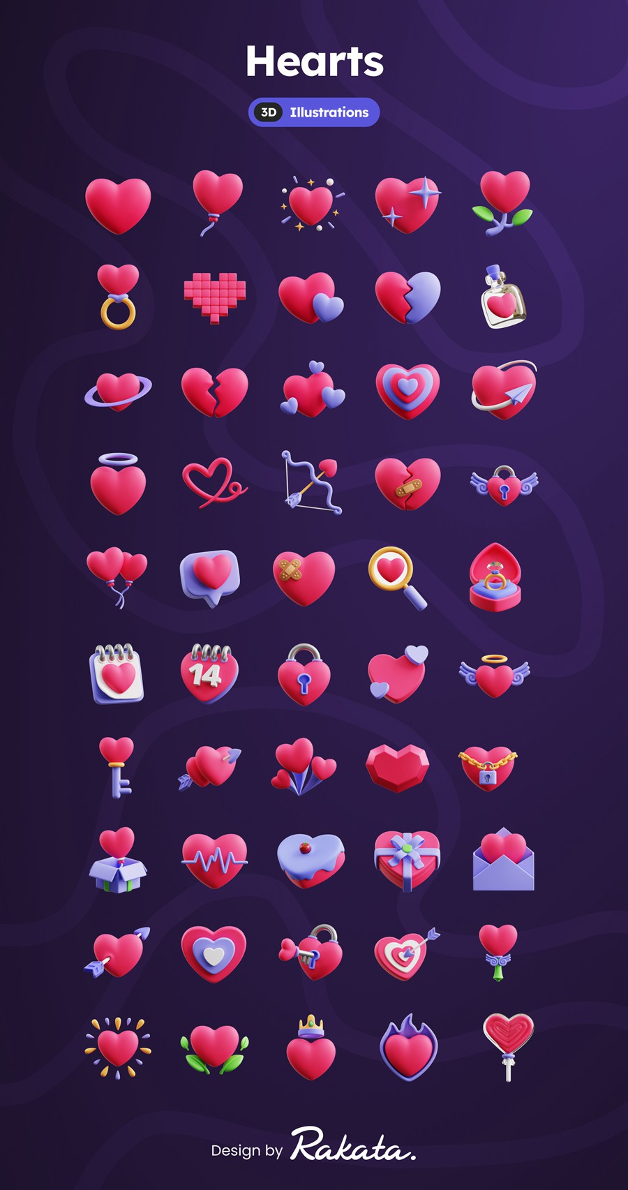 50款3D趣味卡通爱心情人节七夕icon图标Blender插画模型设计套装Hearts 3D Icons , 第7张