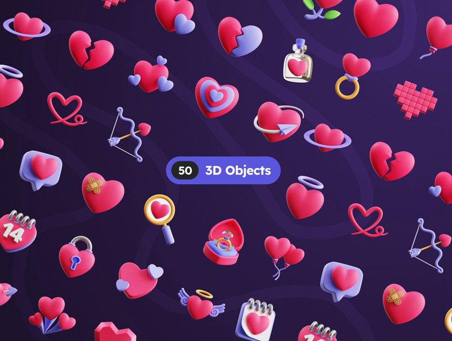 50款3D趣味卡通爱心情人节七夕icon图标Blender插画模型设计套装Hearts 3D Icons , 第5张