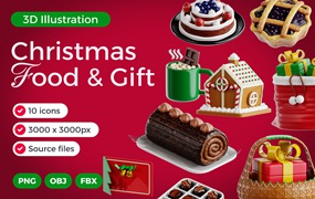 圣诞节食品美食礼物3D插图图标Icons设计PNG/FBX/OBJ格式素材 Christmas Food & Gift 3D Icon Set