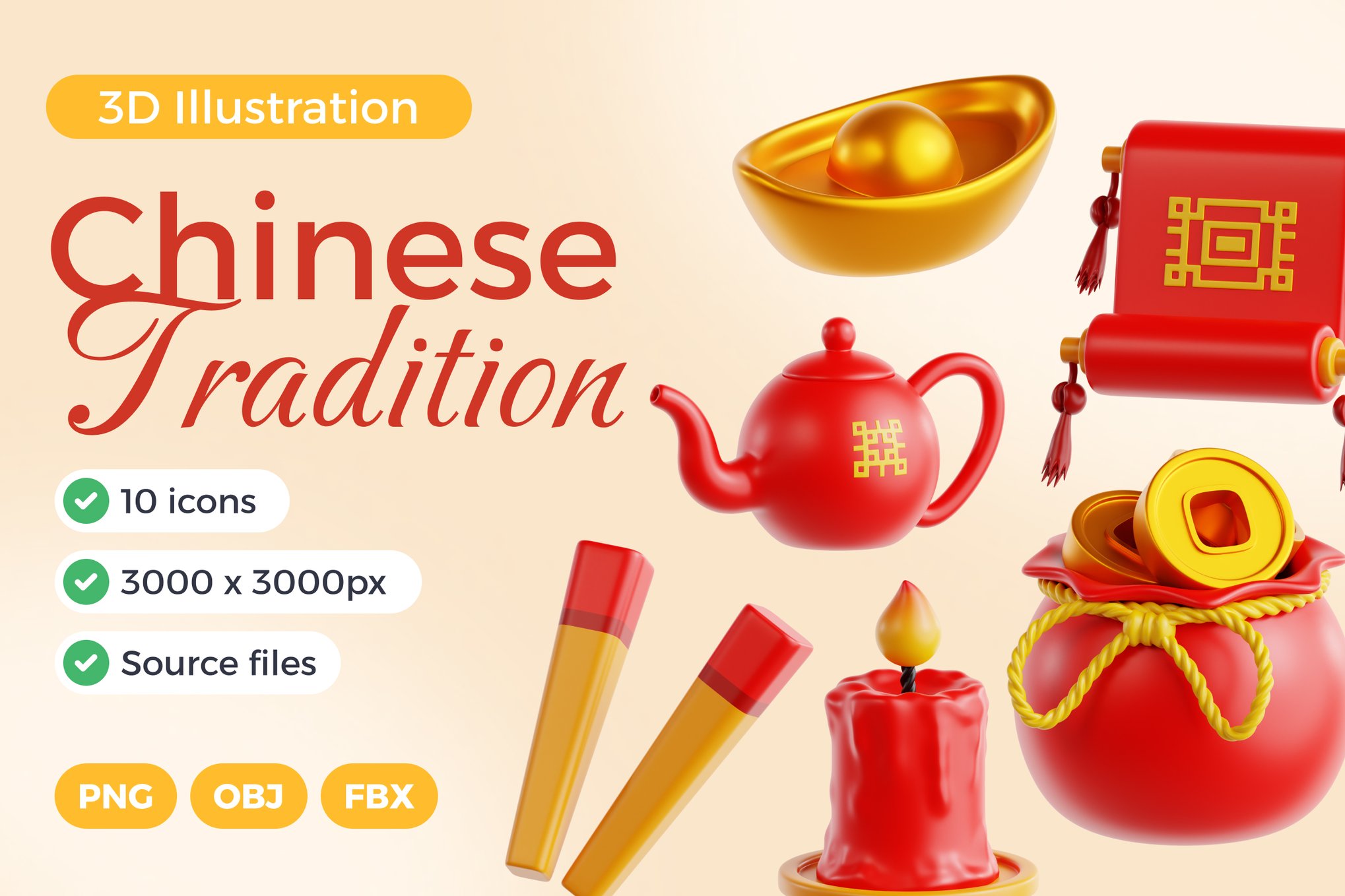 中国传统农历新年春节3D图标插图设计PNG/OBJ/FBX格式素材 Chinese Tradition 3D Icon Set , 第1张