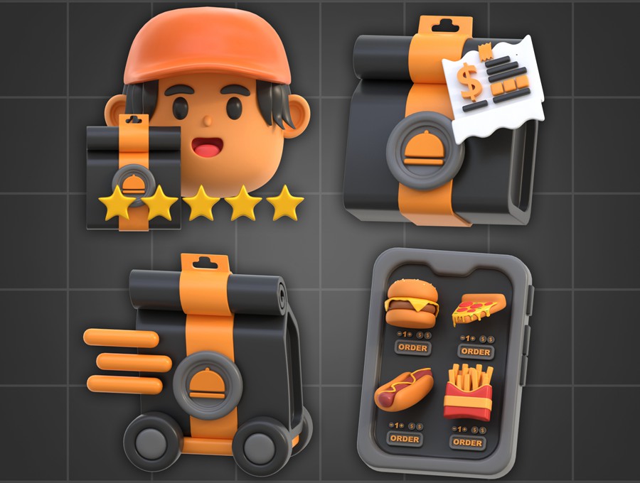 20款工业风3D质感订餐外卖送餐图标Icons设计FBX/OBJ/PNG格式素材 3D Icon Food Delivery , 第2张