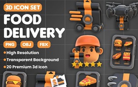 20款工业风3D质感订餐外卖送餐图标Icons设计FBX/OBJ/PNG格式素材 3D Icon Food Delivery