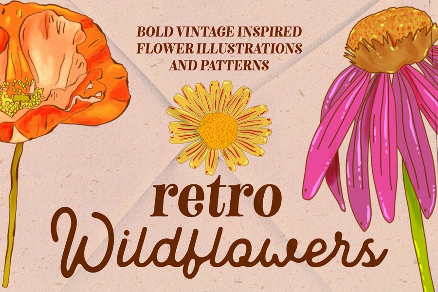 Retro Wildflowers - Bold Flowers 复古INS花卉插图和无缝图案 包装印刷 纺织印刷 海报设计 图片素材 第7张