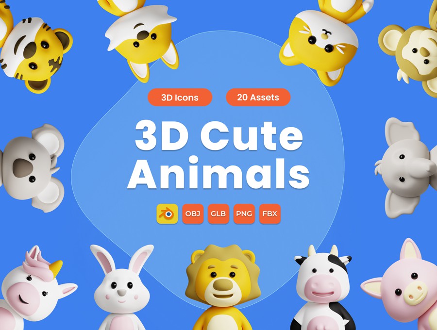 20款可爱卡通动物3D插画插图图标Icons设计Blender/FBX/PNG格式素材 3D Cute Animals Illustrations Pack , 第1张