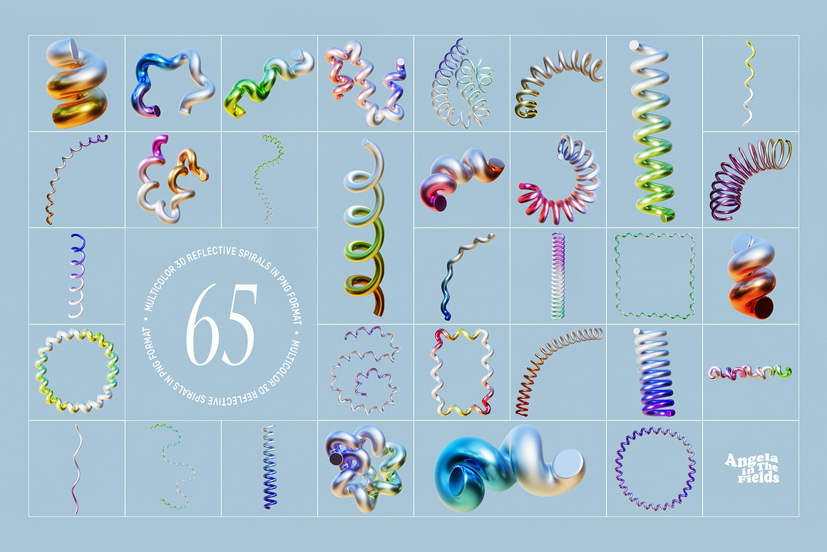 100+复古70年代迷幻科技金属镀铬弹簧线条AI矢量几何网格PNG元素插画设计套装3D Loops & Grids , 第3张