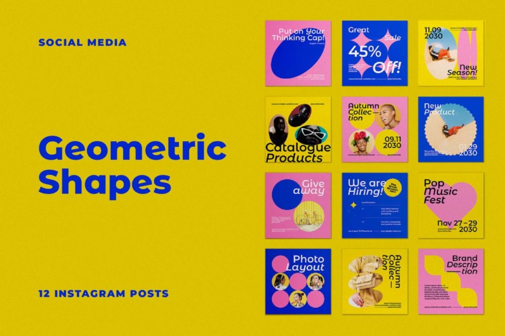 12组炫彩品牌推广公众号推文电商海报设计PSD/AI模板素材 Geometric Shapes Social Media Templates , 第1张