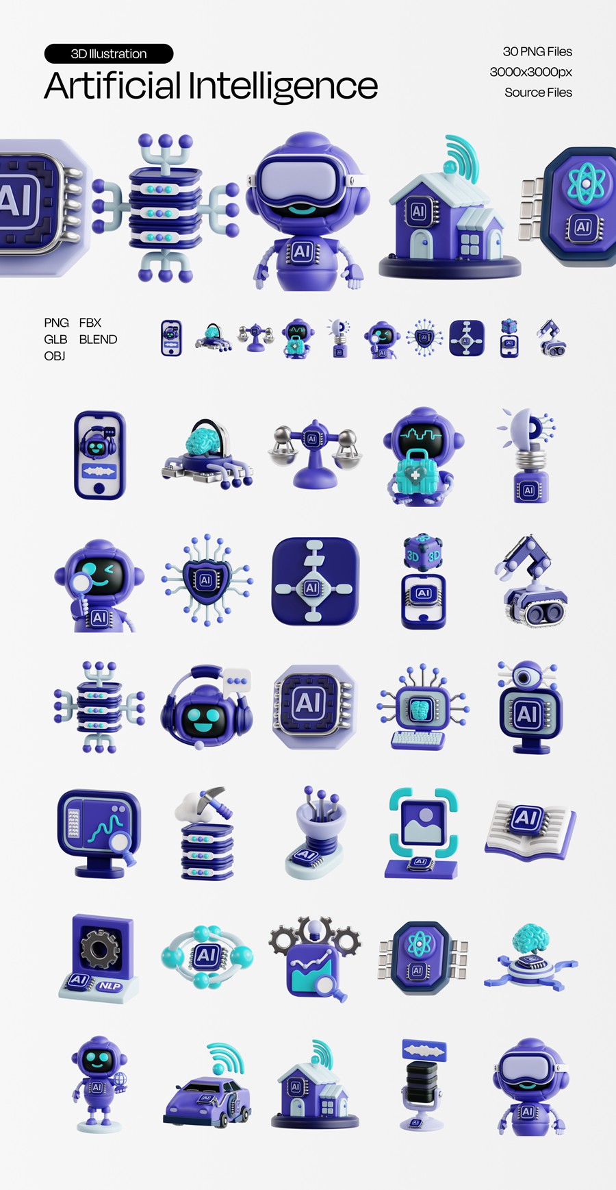 30款3D质感AI人工智能机器人插图图标Icons设计Blender/PNG/OBJ格式素材 Artificial Intelligence Essential 3D Illustration , 第7张