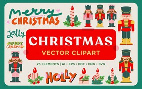 25款趣味卡通圣诞节AI矢量插画PNG插图设计元素贴纸Christmas Vector Clipart Pack