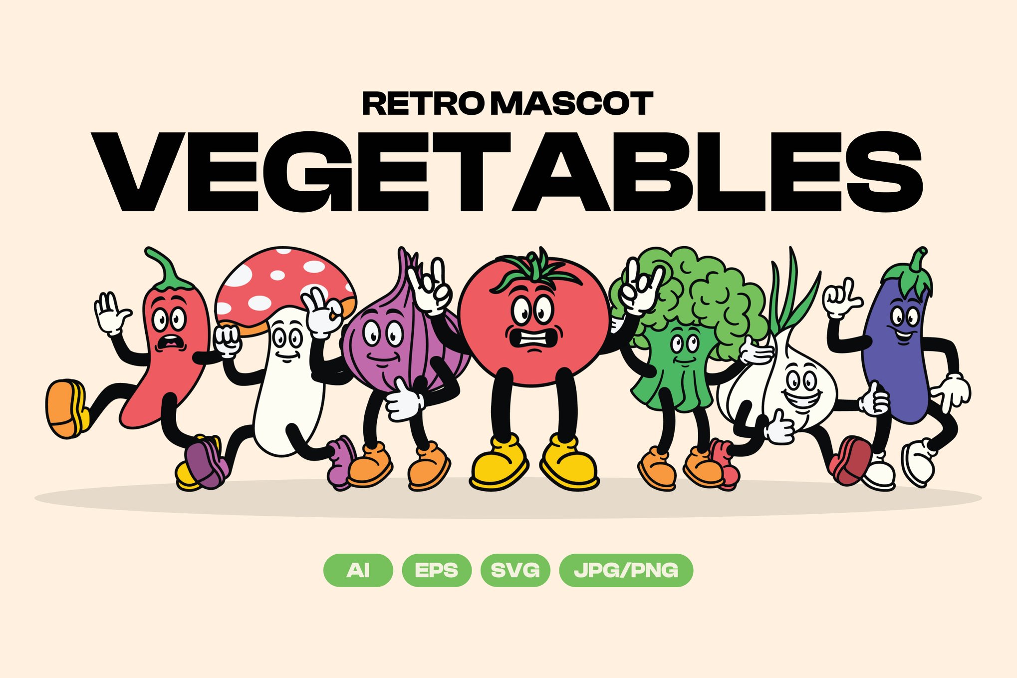 复古趣味卡通蔬菜人物AI矢量插画插图PNG设计元素Retro Mascot Vegetables Illustration , 第1张